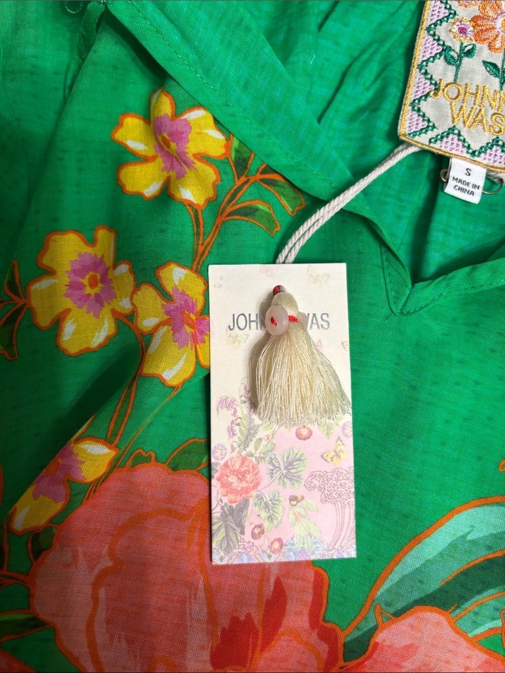 Johnny Was Green Floral Flutter Sleeve Blouse with Pink & Orange Blooms S - Picture 10 of 10